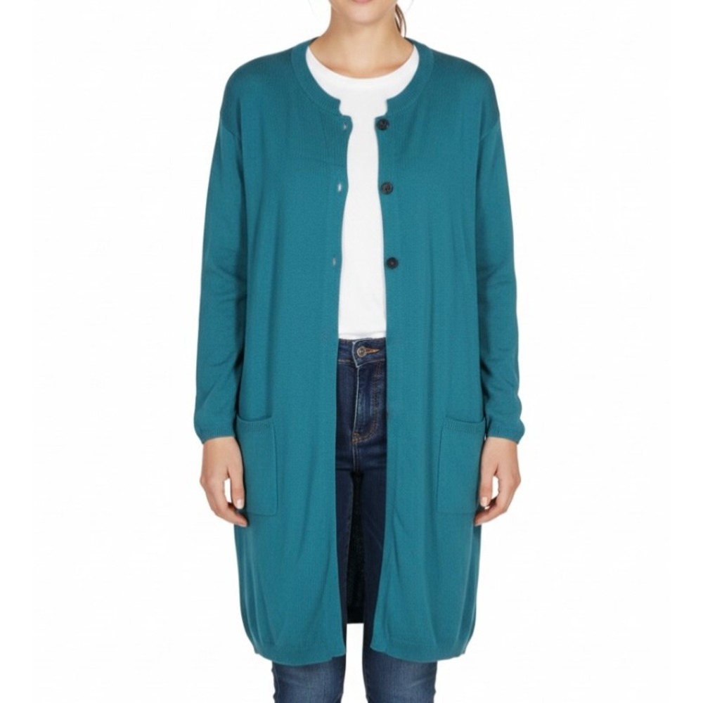 J JILL Teal WOOL BLEND 3-Buttons Pockets LONG Knit Sweater CARDIGAN/TOPPER Sz M